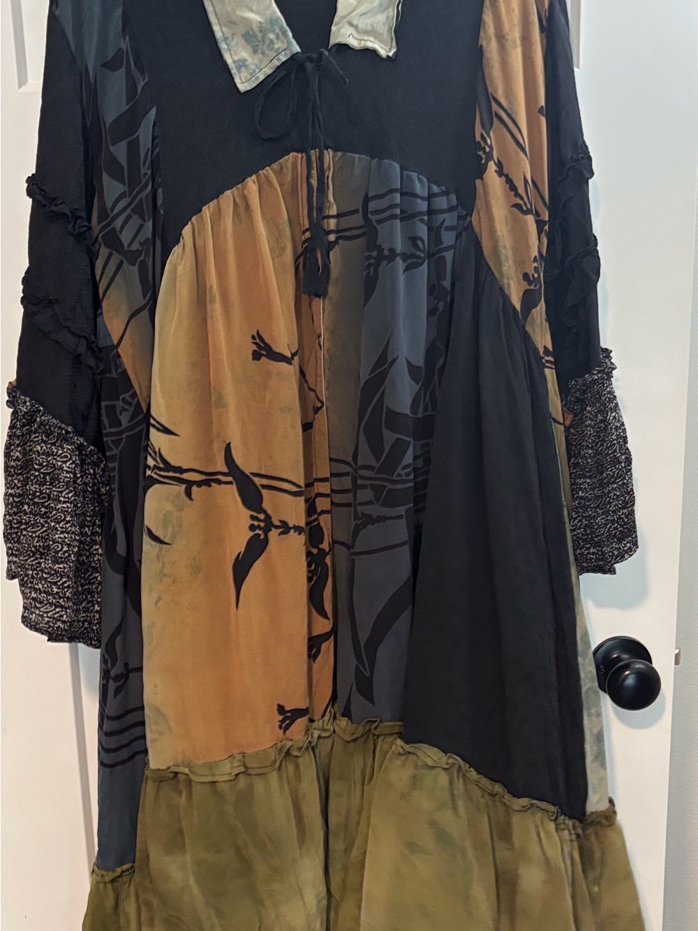Kantha Bae Boho Mixed-Panel Long Sleeve Dress in Black, Olive & Gray - Picture 4 of 7